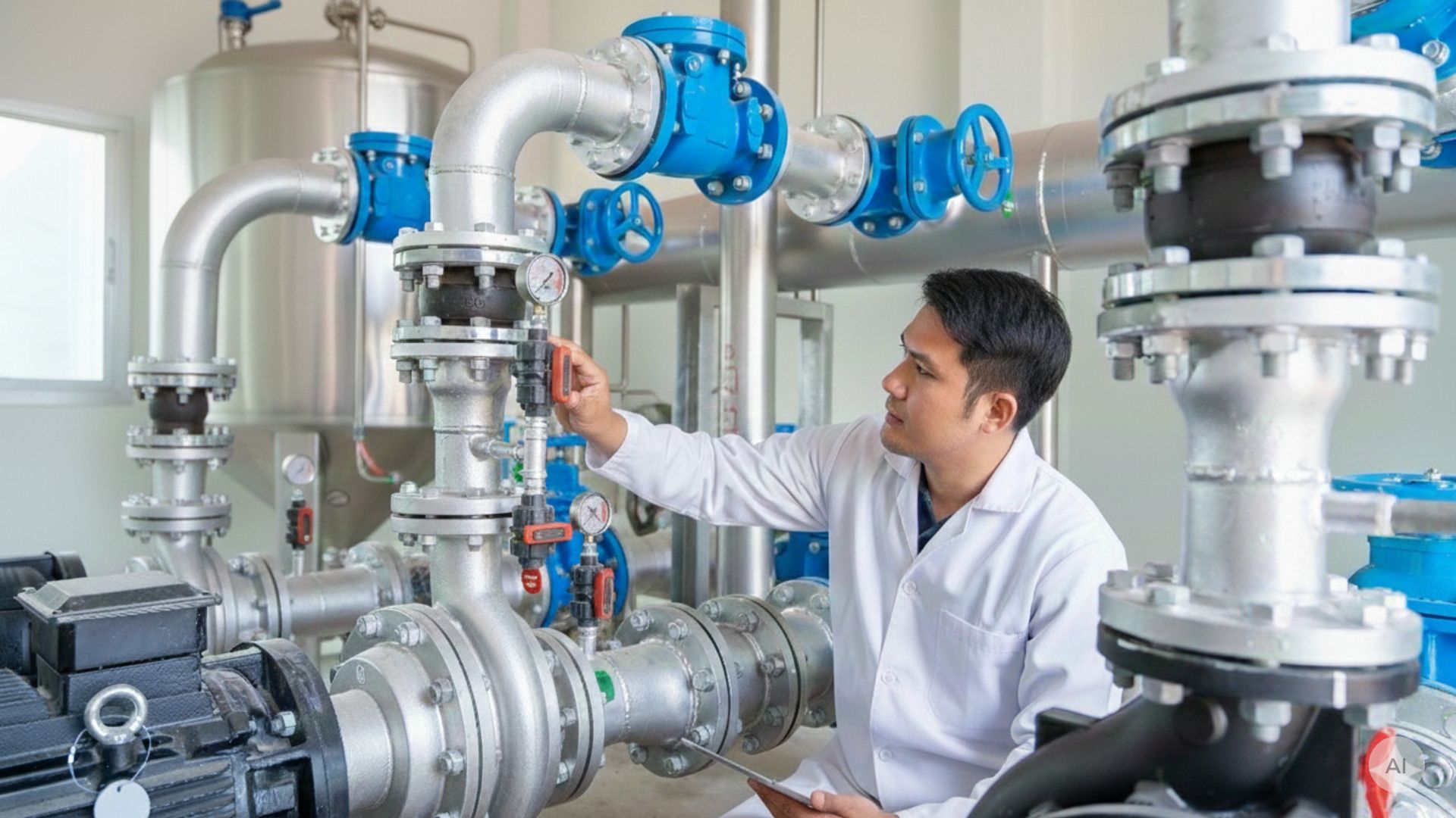A man checking pumps in a plant