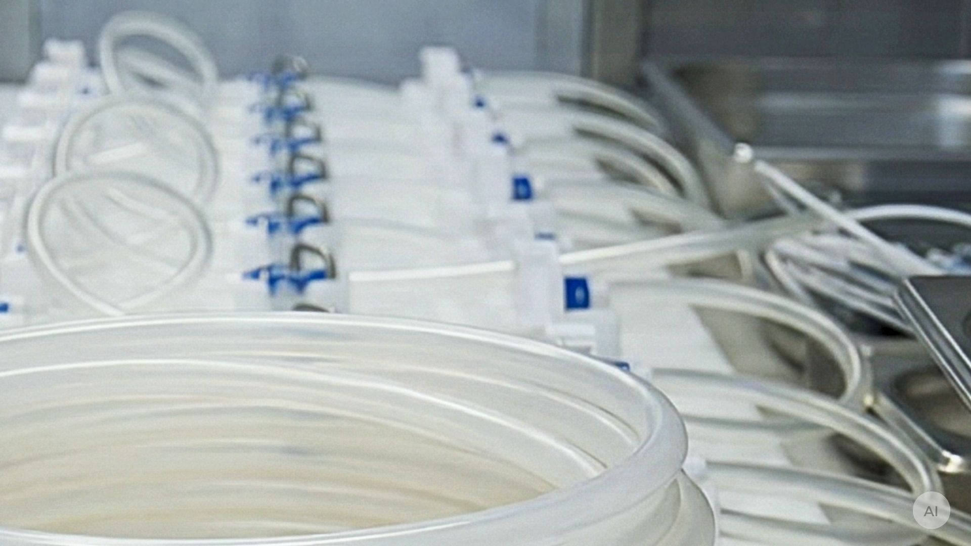 Single-use hoses and single-use assemblies on a table