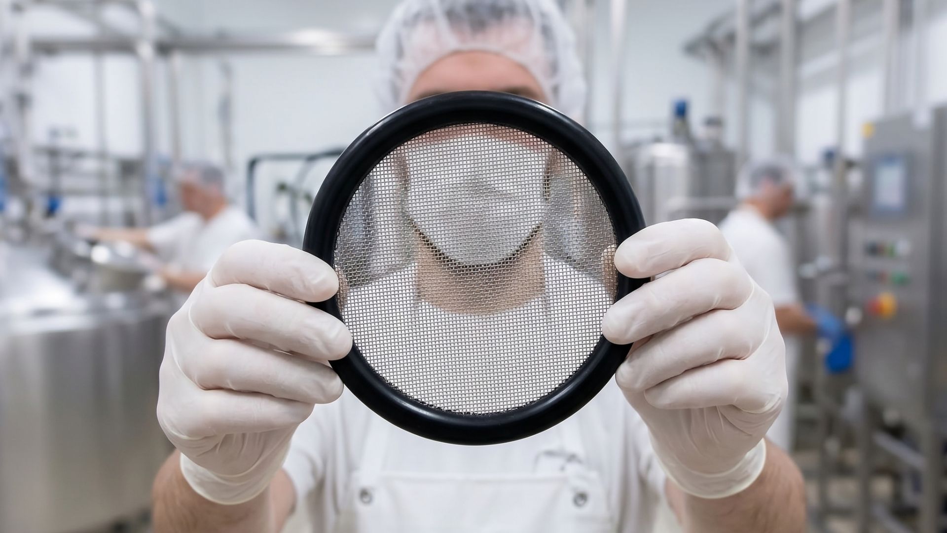 man holds union gasket with filter