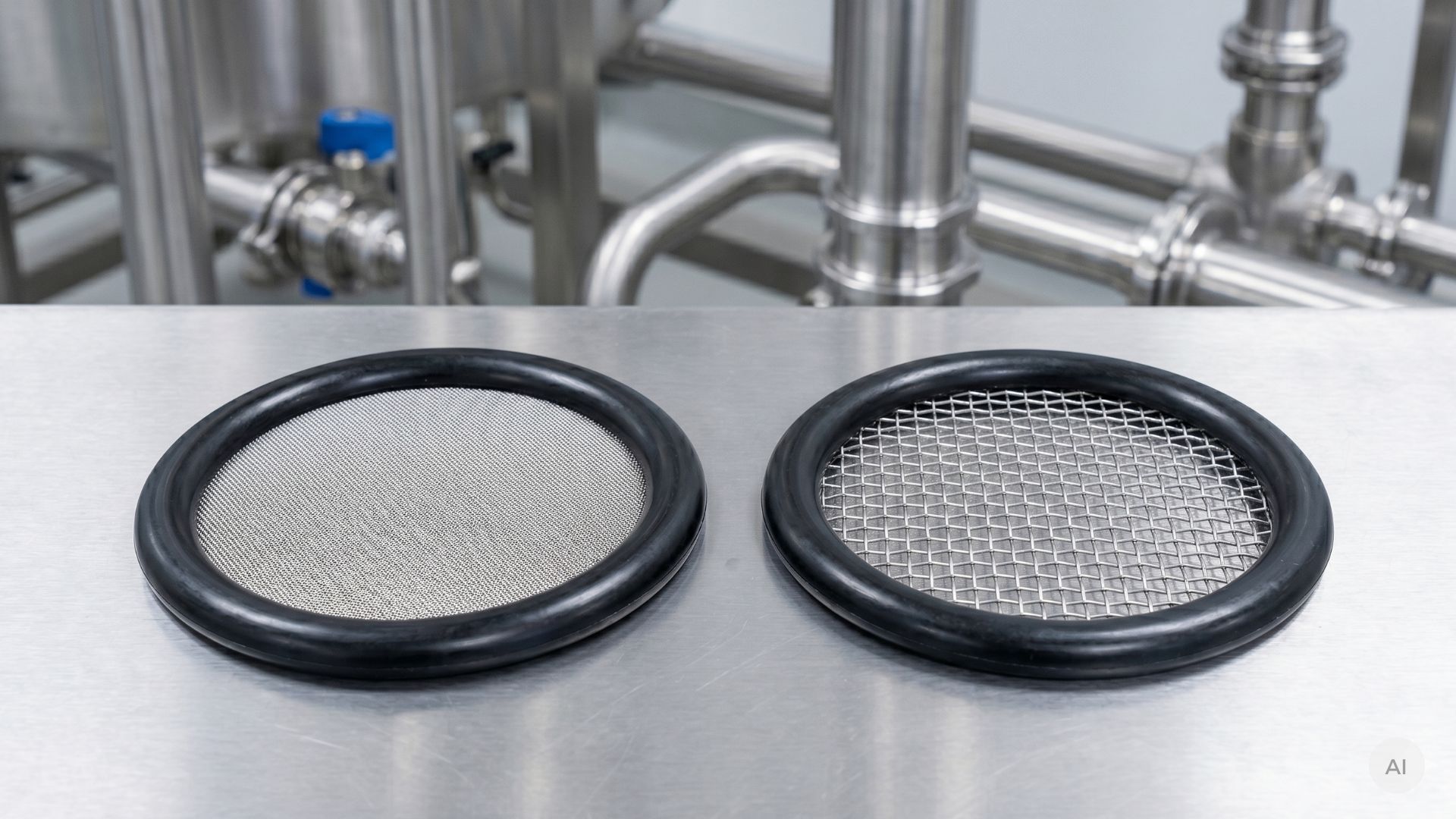 two union gaskets with screens of different mesh sizes