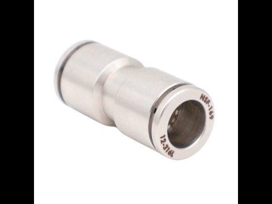 Push-in union connector made of stainless steel AISI 316, incl. Viton gasket. Suitable for compressed air hoses. Up to +150°C and 20 bar. Order here!