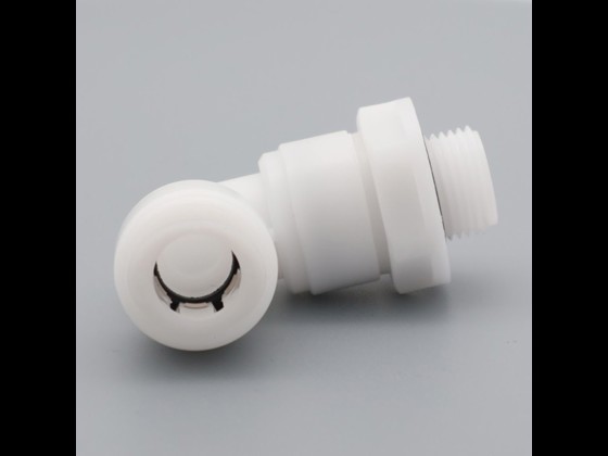 Push-in male swivel elbow (BSPP thread), made of polyoxymethylene (POM). Complies with EC 1935/2004. Long service life and high sanitary standard. Order here!