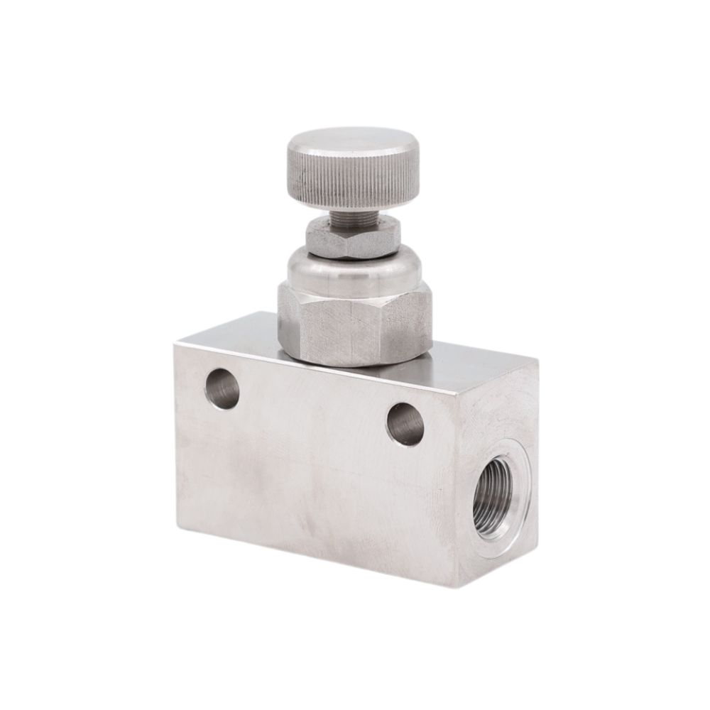 Flow regulator in AISI 316 for liquids and compressed air in process industries. Withstands 1–16 bar and up to 120 °C. Hygienic design with Viton gaskets.