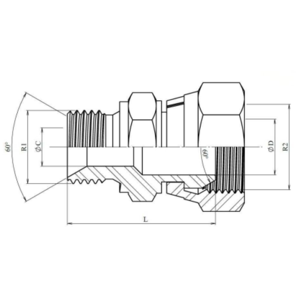 Connector, reducer, with nut, 60° x 60°
