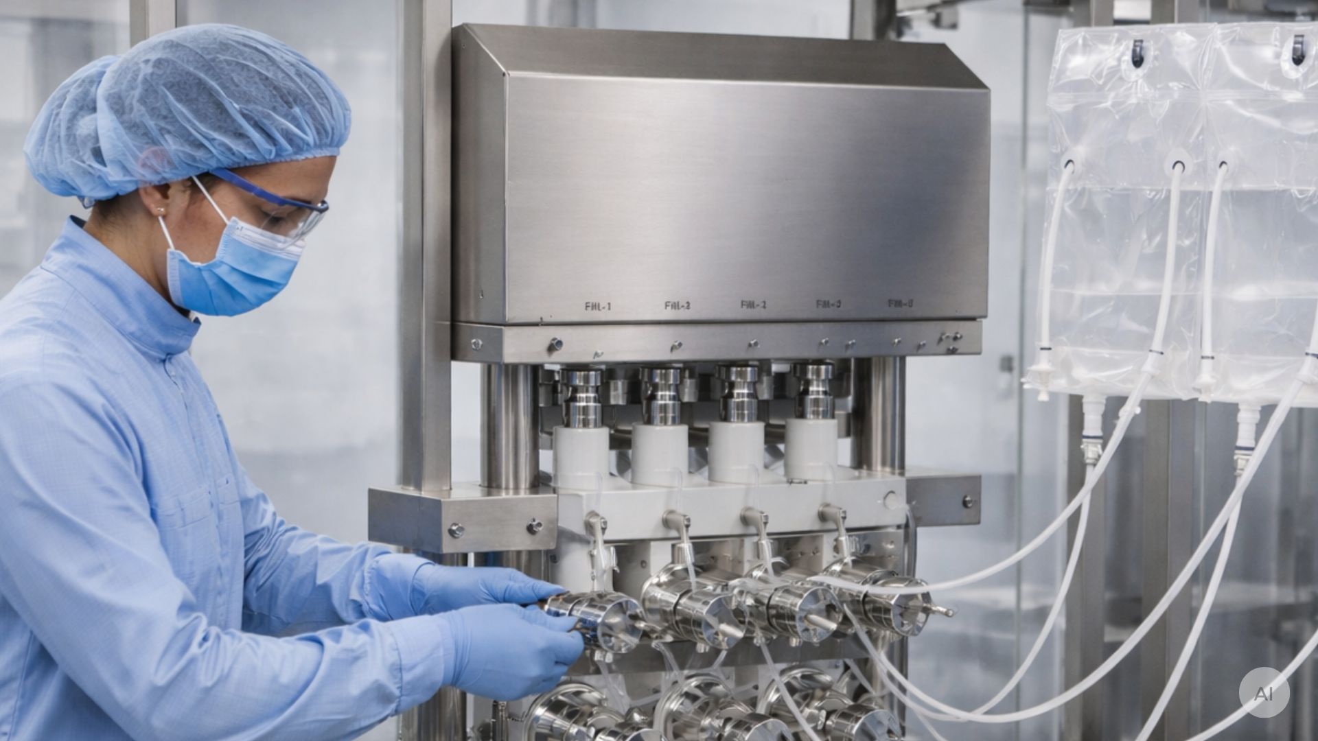 Pharmaceutical worker handling single-use manifolds 