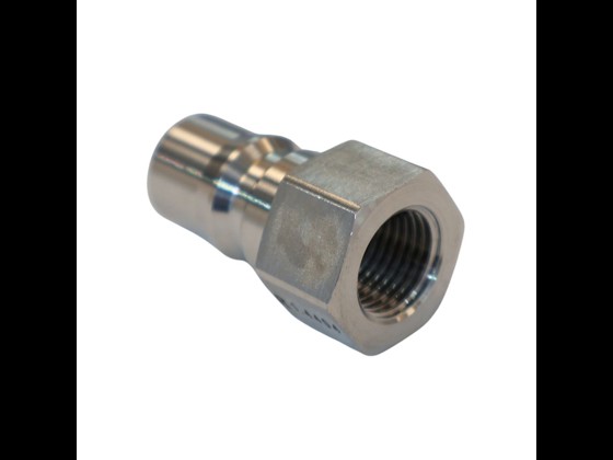 Stainless high-pressure coupling nipple (female BSP) for liquids with 2-stage operation, Hansen-compatible. Withstands up to 250 bar and 200°C. Order here!