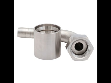 Stainless crimped hose coupling, BSP nut, 90° bend with flat seat