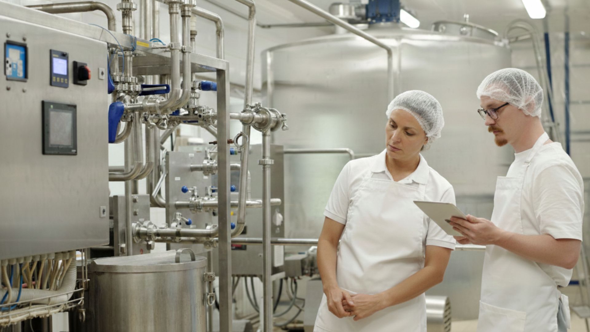 pharma workers looking at processing plant
