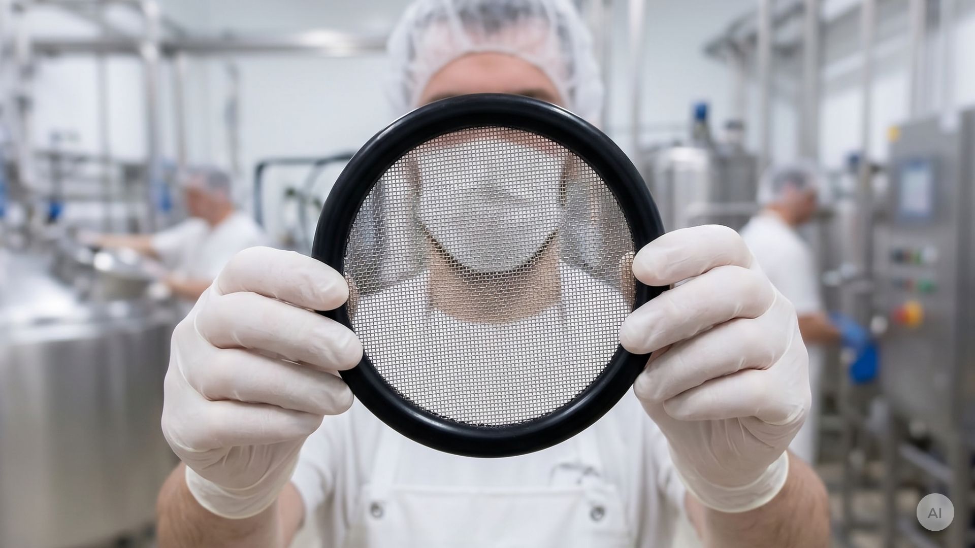 man holds union gasket with filter
