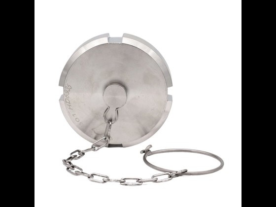 Stainless DIN blind nut with pin and chain ensures hygienic and reliable sealing. Perfect for food production. Order via webshop here!