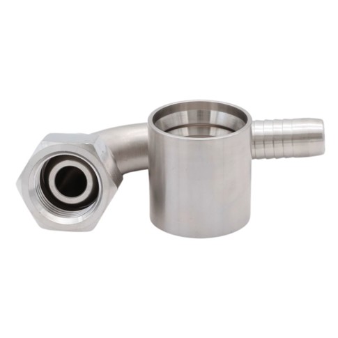 Press Coupling f. corrug. PTFE hose w. braid & silicone, 90° bend, BSP union nut, 60° cone
