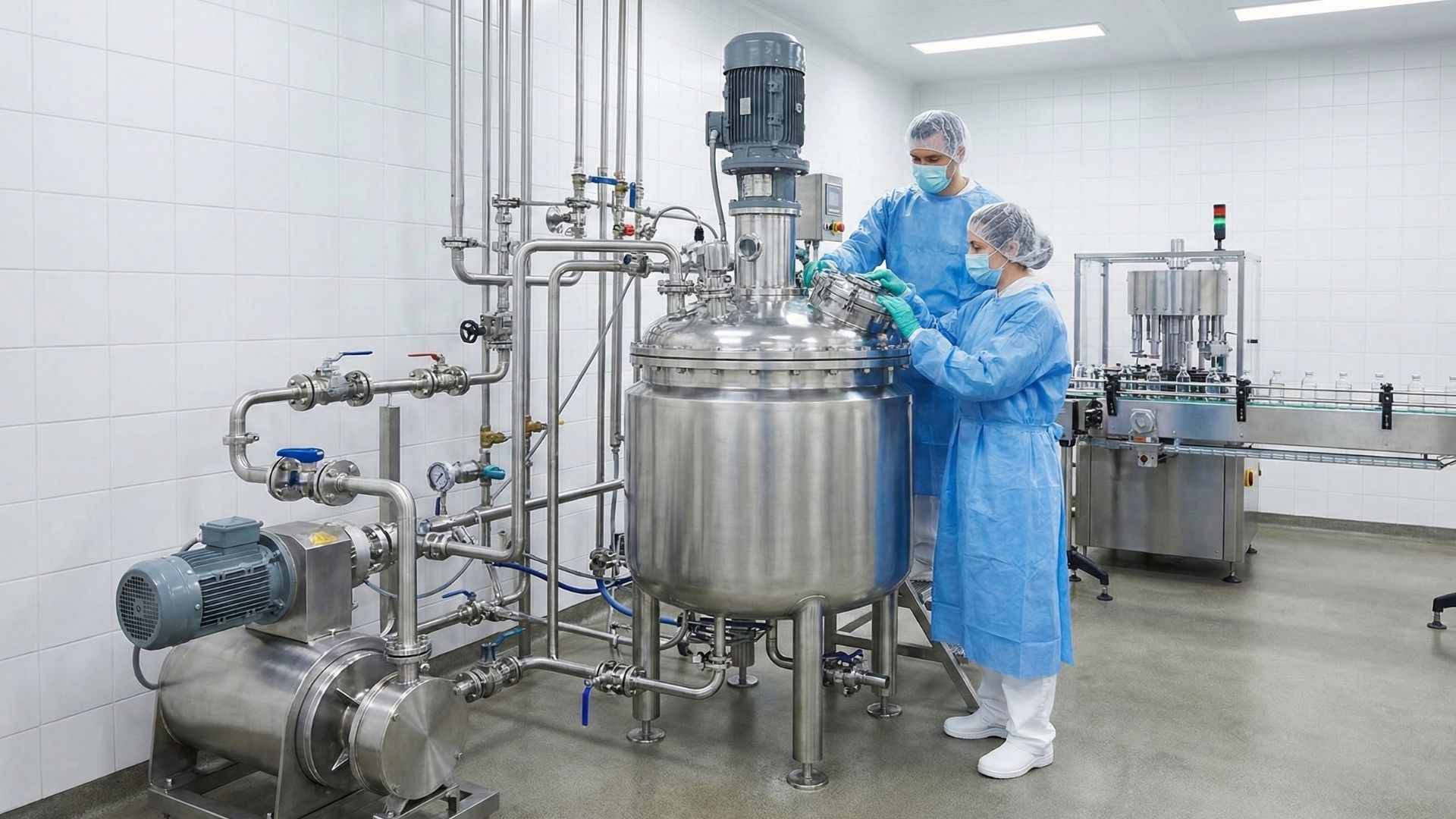 pharma employees checking a tank