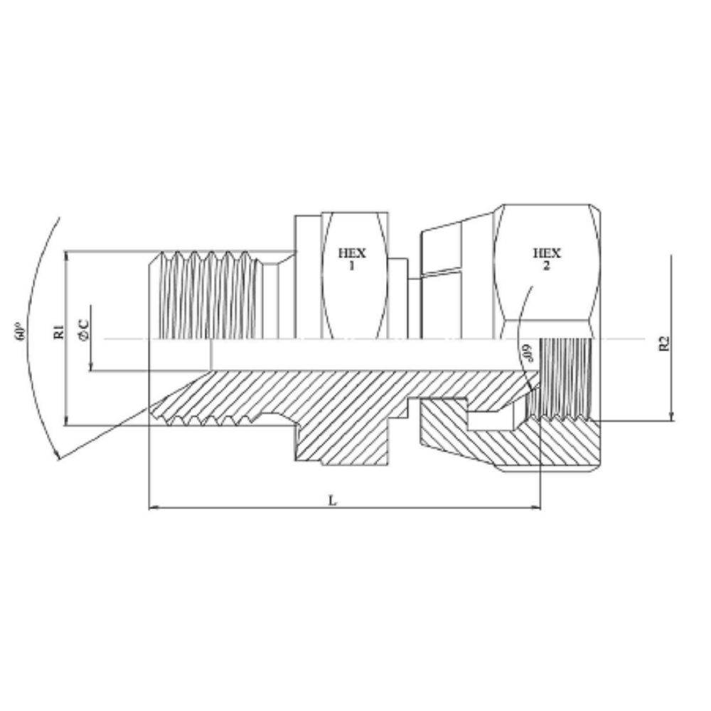 Connector, with nut, 60° x 60°