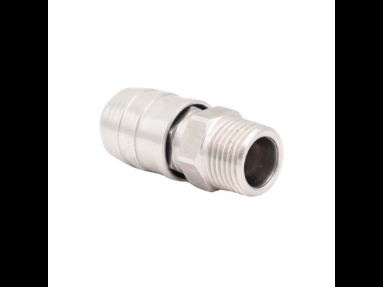 Stainless compressed air coupling housing (AISI 316, male BSP) for pneumatics. With NBR gasket and valve. Cejn 320 compatible. Order via webshop here!