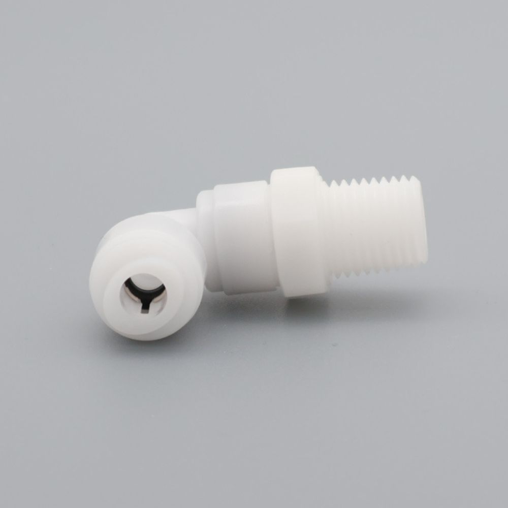 Push-in male swivel elbow (BSPT thread), made of polyoxymethylene (POM). Complies with EC 1935/2004. Long service life and high sanitary standard. Order here!