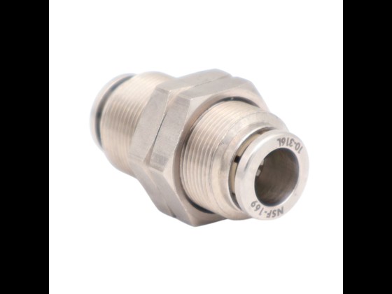 Push-in bulkhead connector made of stainless steel AISI 316. Incl. Viton gasket. Suitable for compressed air hoses. Order via webshop here!
