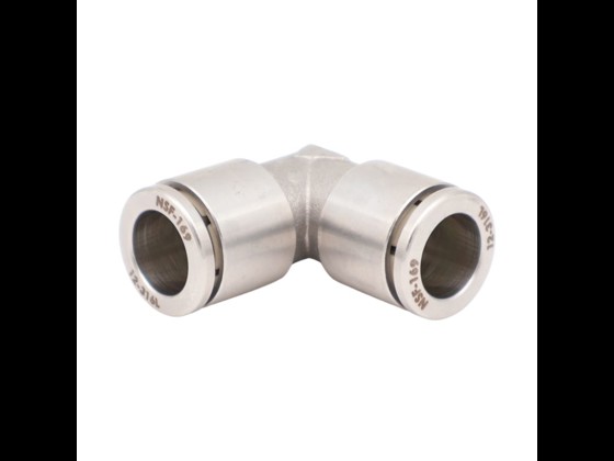 Push-in union elbow made of stainless steel AISI 316, incl. Viton gasket. Suitable for compressed air hoses. Withstands up to +150°C and 20 bar. Order here!