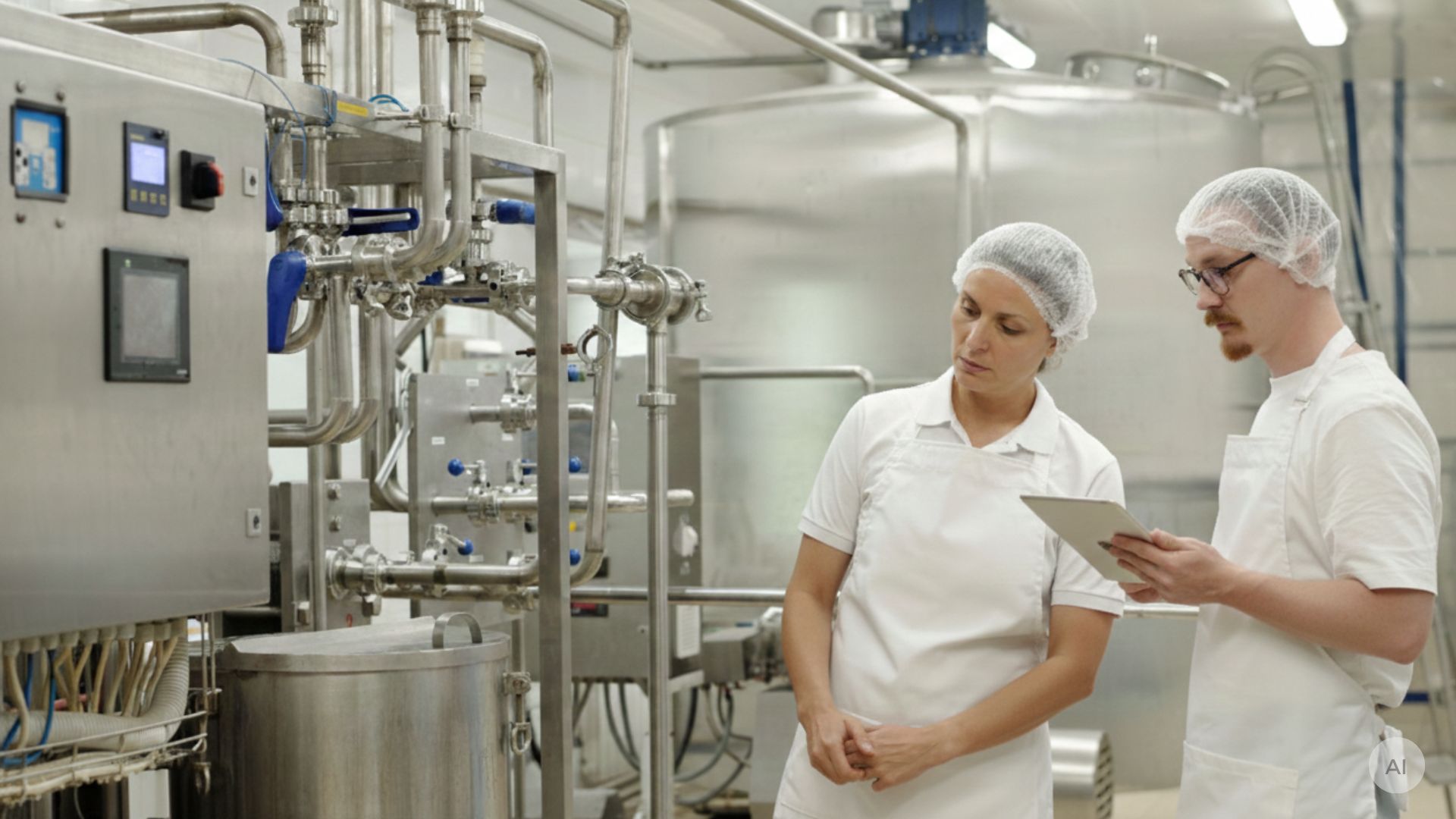 pharma workers looking at processing plant