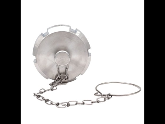 Durable and hygienic SMS blind nut with pin and chain for the food industry. Stainless steel design for long-lasting use. Order now!