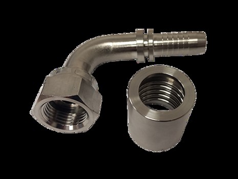 Stainless crimped hose coupling, BSP nut, 90° bend with flat seat