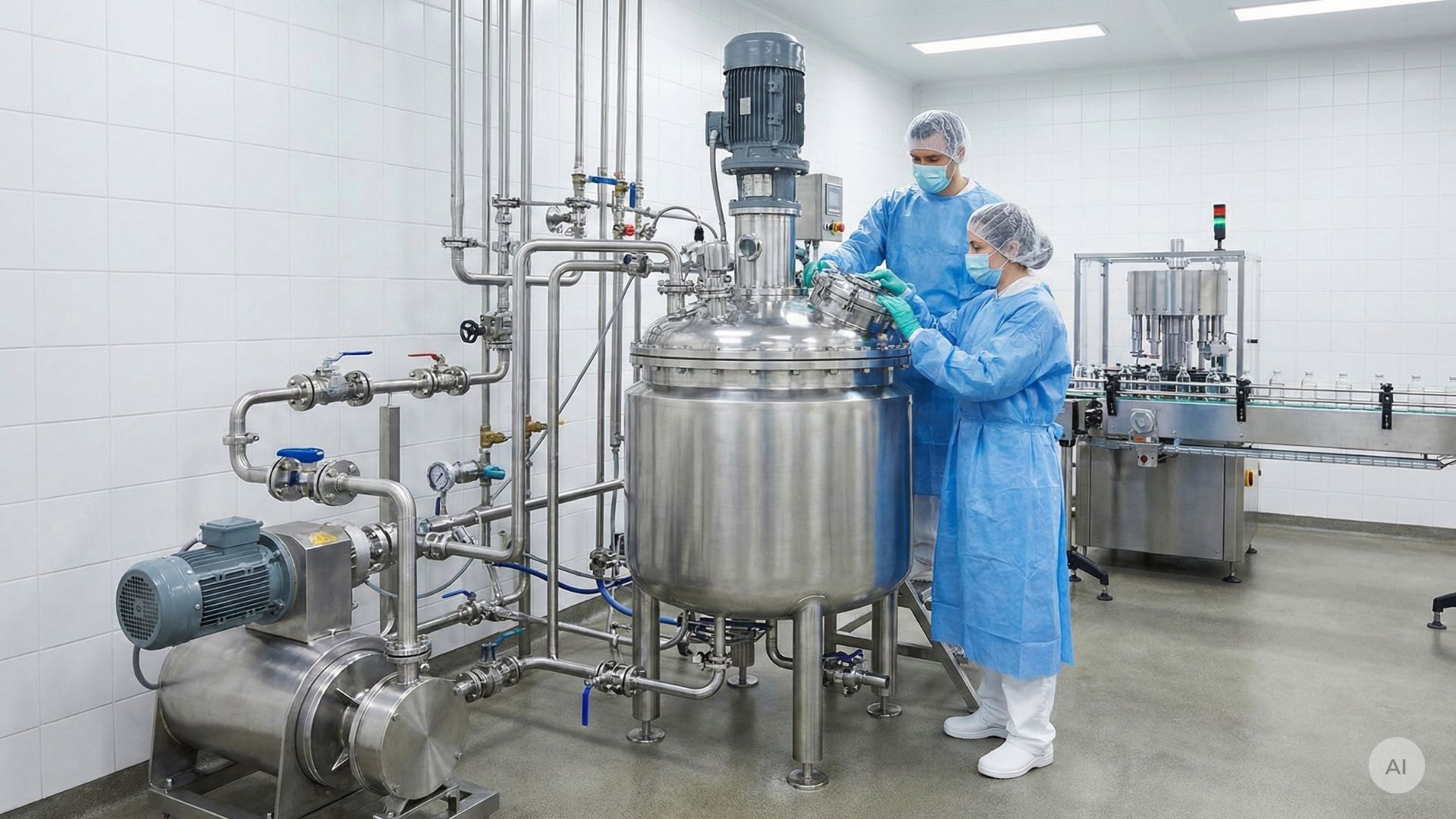 Pharmaceutical staff carrying out quality control on a tank