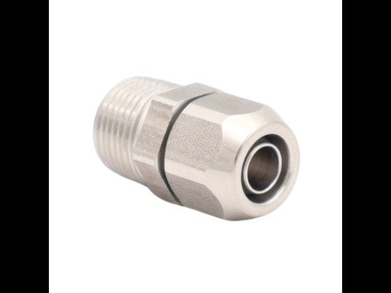 Push-on male connector with BSPT thread, made of stainless steel AISI 316. Long service life, high sanitary level. Suitable for air, water and food. Order here!