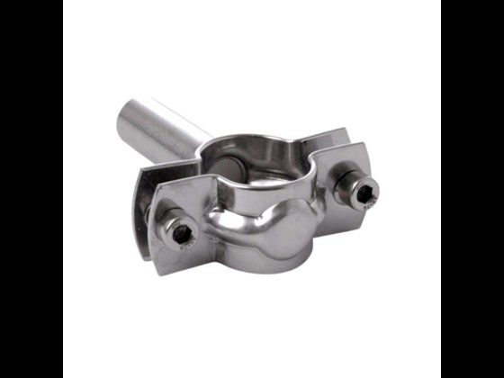 Pipe clip with shaft in stainless steel AISI 304, DIN standard. Complete with welding socket and Allen bolts. Ideal for hygienic food installations. Order here!