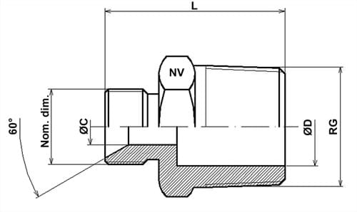 Reducing nipple, hexagon, 60 degrees at one end, BSPT